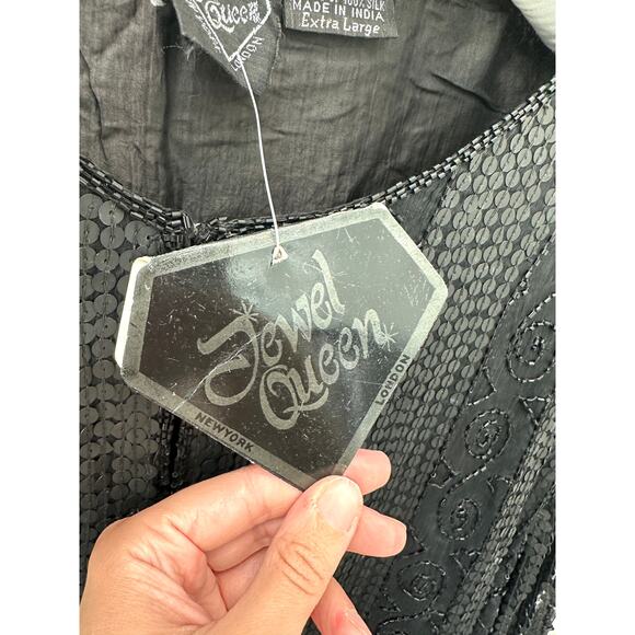 🆕 JEWEL QUEEN | Vintage Black 100% Silk Sequin Beaded Heavyweight Cardigan | XL - Picture 7 of 7
